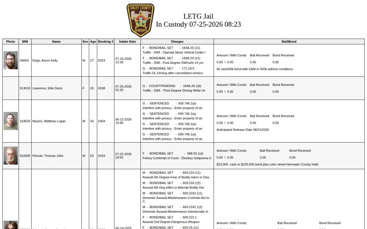 Sibley County released inmate search current custody roster